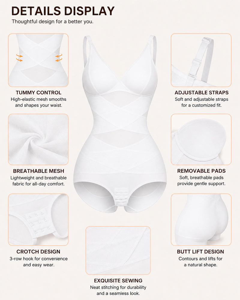 Sexy Deep V Cross Mesh Breathable Tummy-control Bodysuit Shapewear