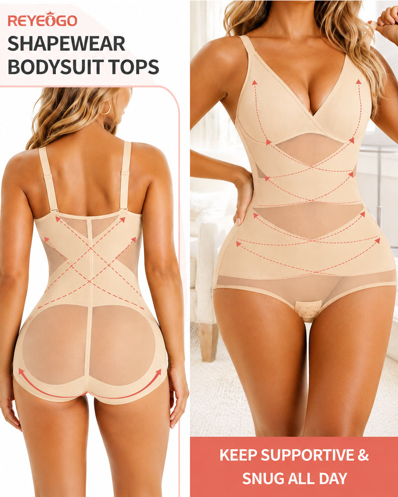 Sexy Deep V Cross Mesh Breathable Tummy-control Bodysuit Shapewear