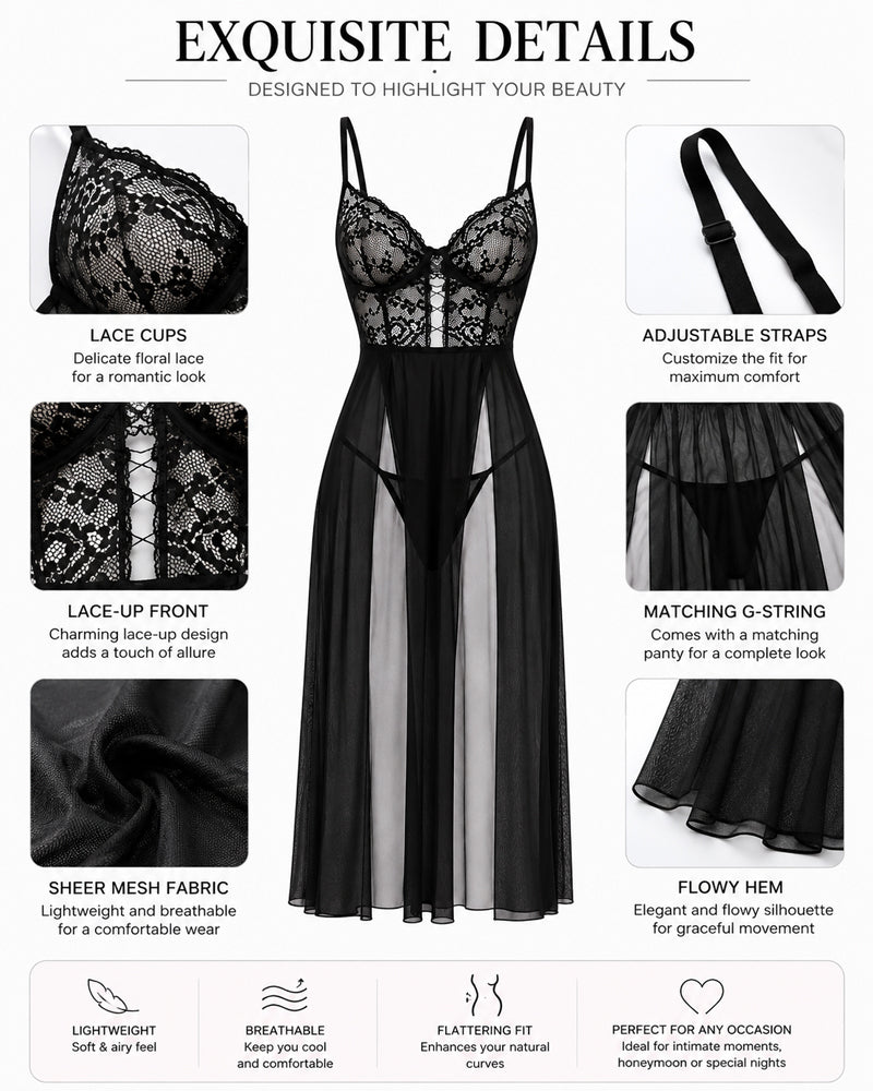 Sexy Deep V Lace See-through Mesh High Slit Long Nightgown