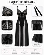 Sexy Deep V Lace See-through Mesh High Slit Long Nightgown