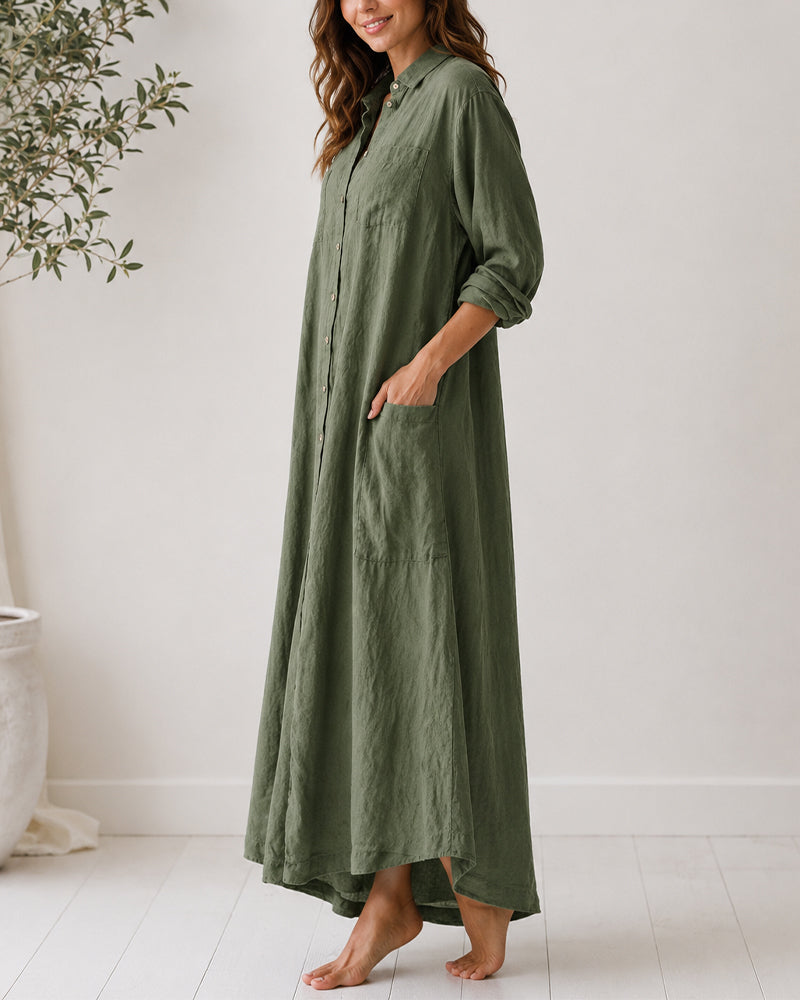 Casual Linen Button-down Long Sleeve Wide-leg Jumpsuit