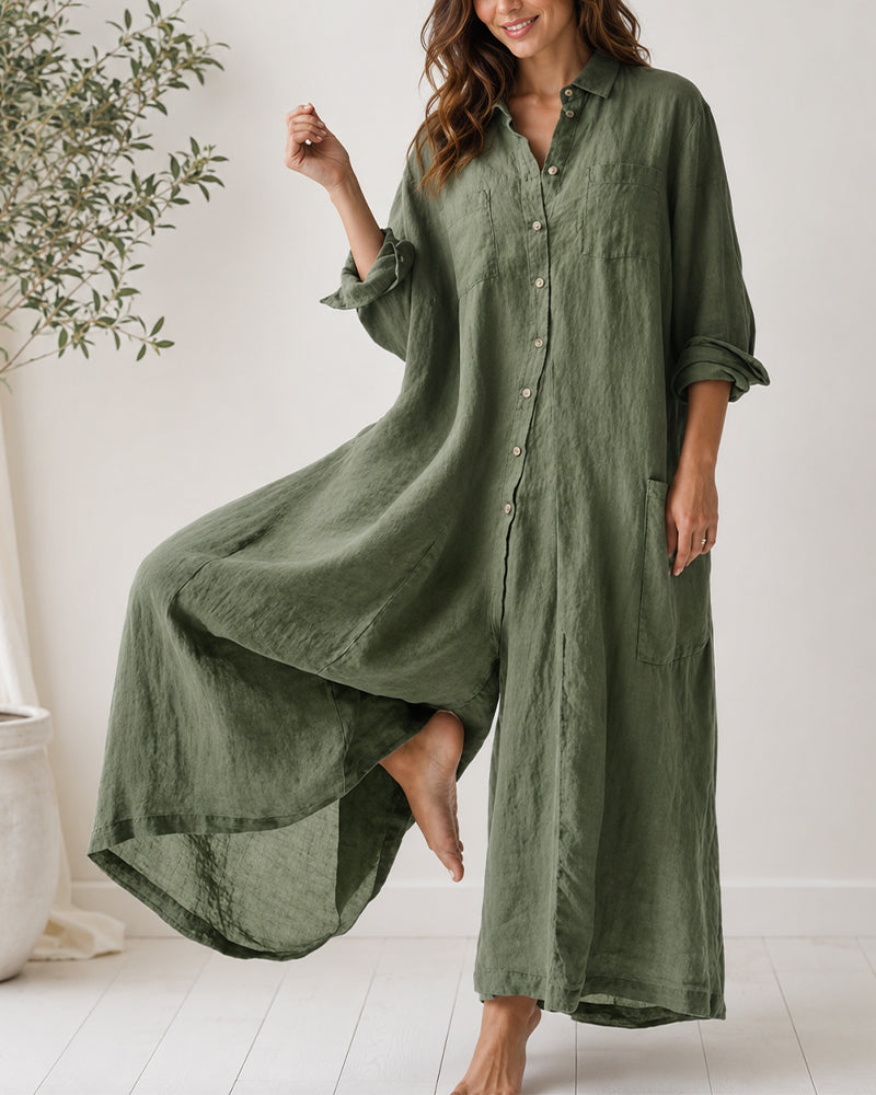 Casual Linen Button-down Long Sleeve Wide-leg Jumpsuit
