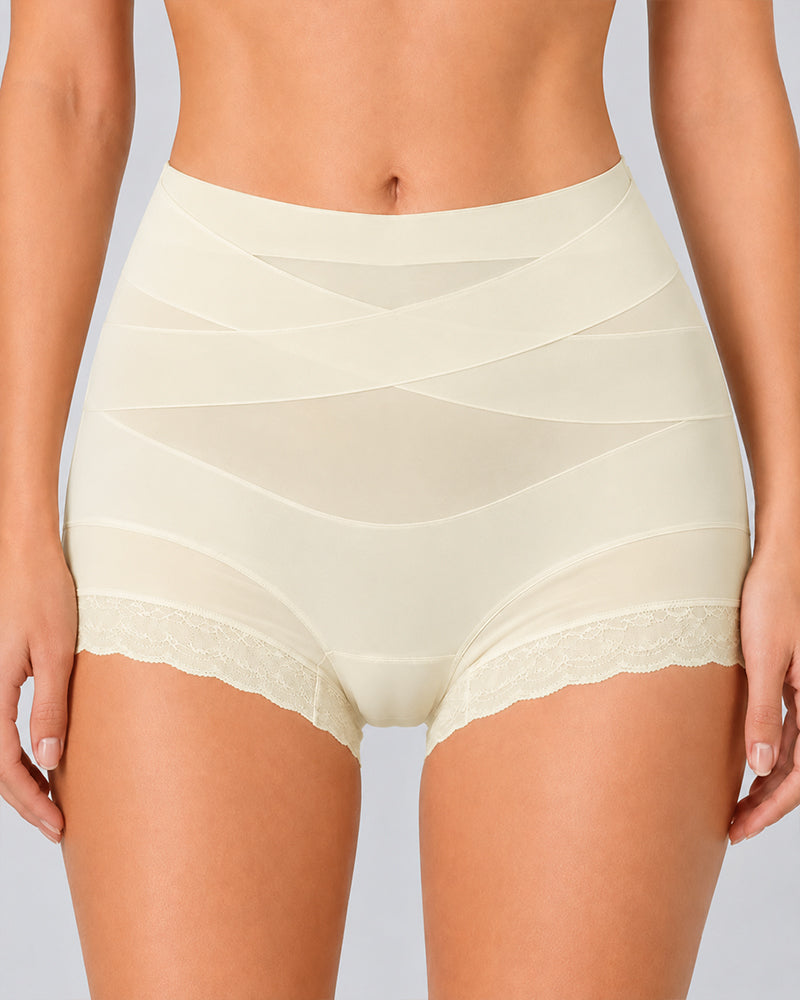 2-Pack High Waist Tummy Control Seamless Cross-over Sheer Mesh Boxer Briefs
