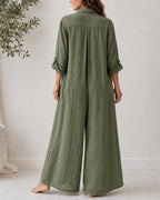 Casual Linen Button-down Long Sleeve Wide-leg Jumpsuit