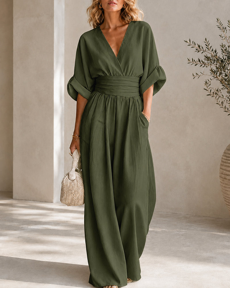 Casual Deep V Waist-cinching Wide-leg Jumpsuit