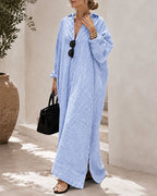 Casual Loose Striped Cotton Collared Long Sleeve Button-down Long Dress