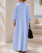 Casual Loose Striped Cotton Collared Long Sleeve Button-down Long Dress