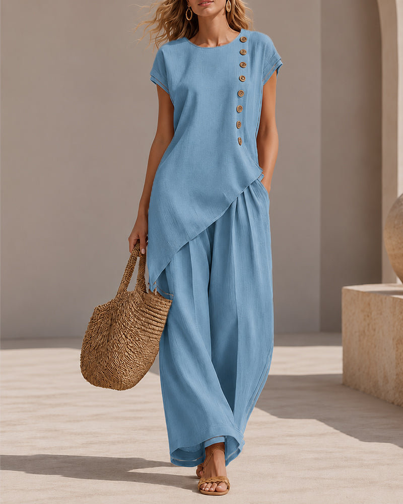 Casual Loose Button-down Short Sleeve Top and Wide-leg Pants Set