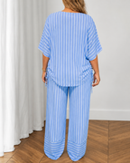 Casual Loose V-Neck Striped Top and Wide-Leg Pants Suit
