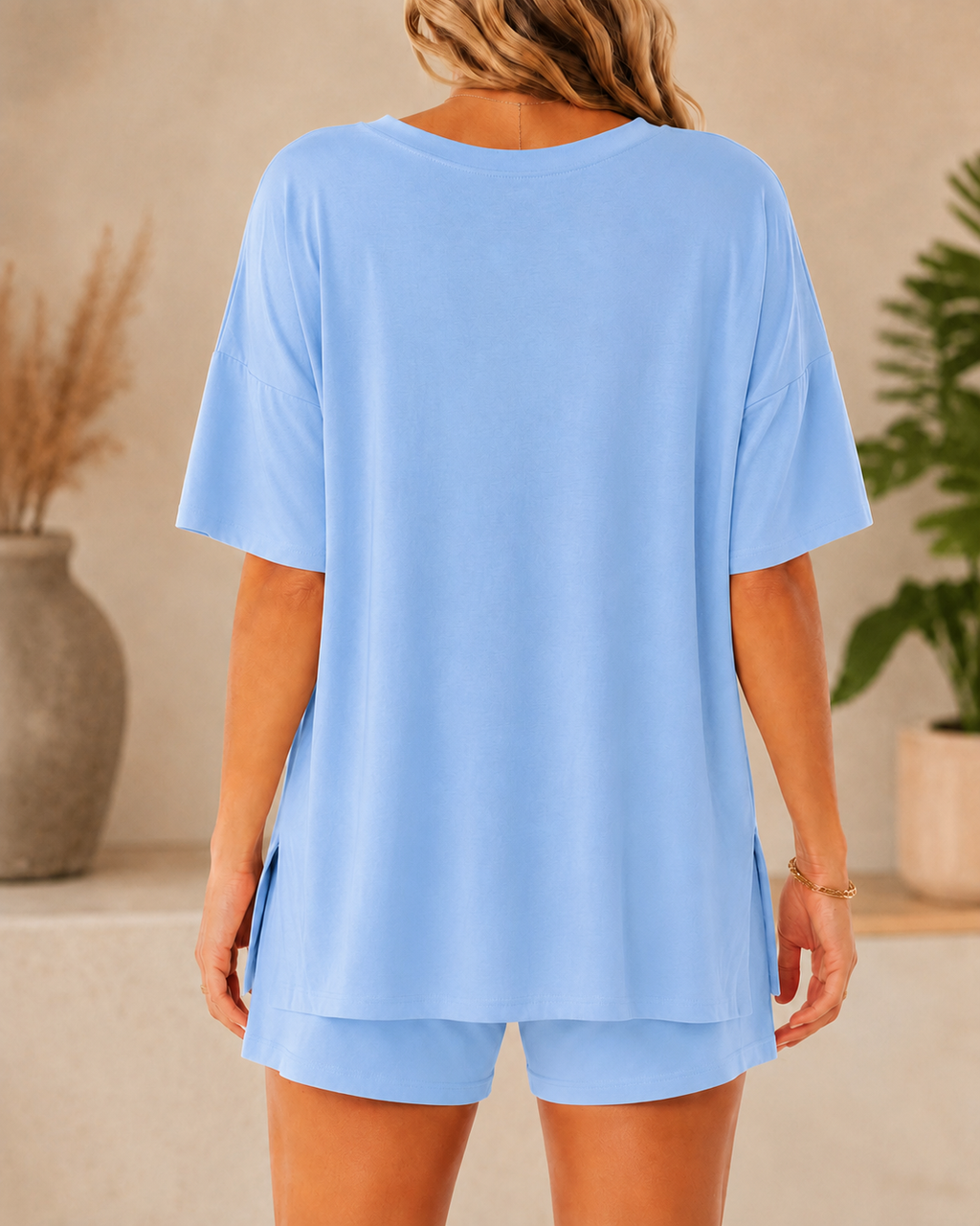 Casual Loose V Neck Slit Hem Short Sleeve Top and Shorts Set