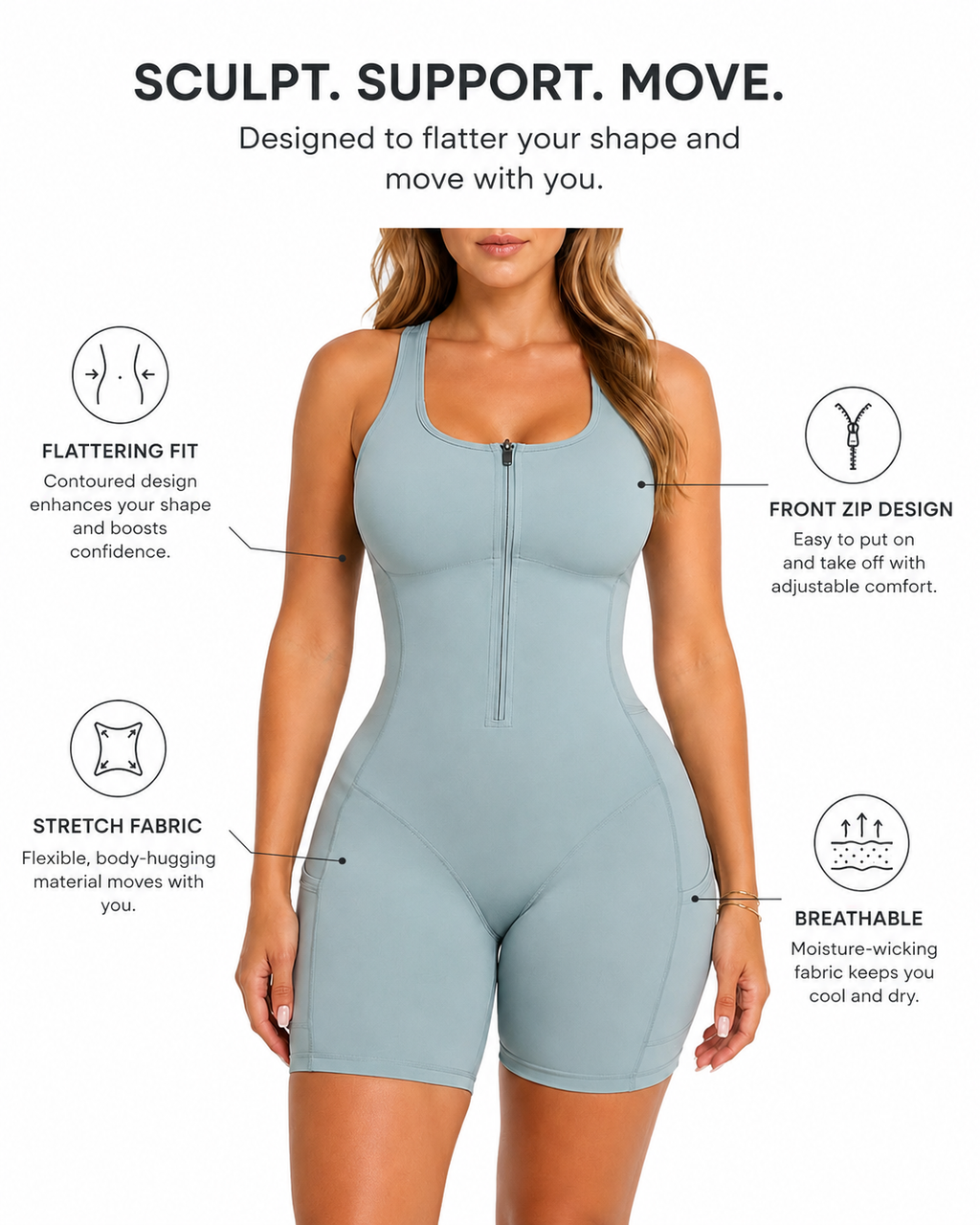 Front Zipper SaunaSculpt Compression with Pockets Shaping Bodysuit