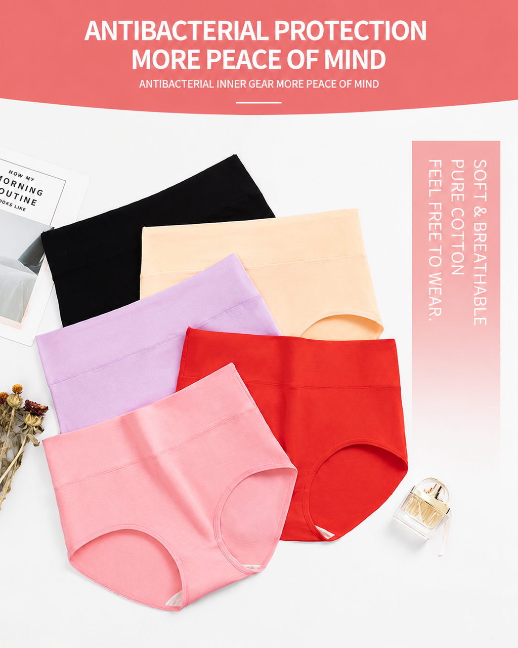 5-Pack High Waist Pure Cotton Breathable Comfortable Panties
