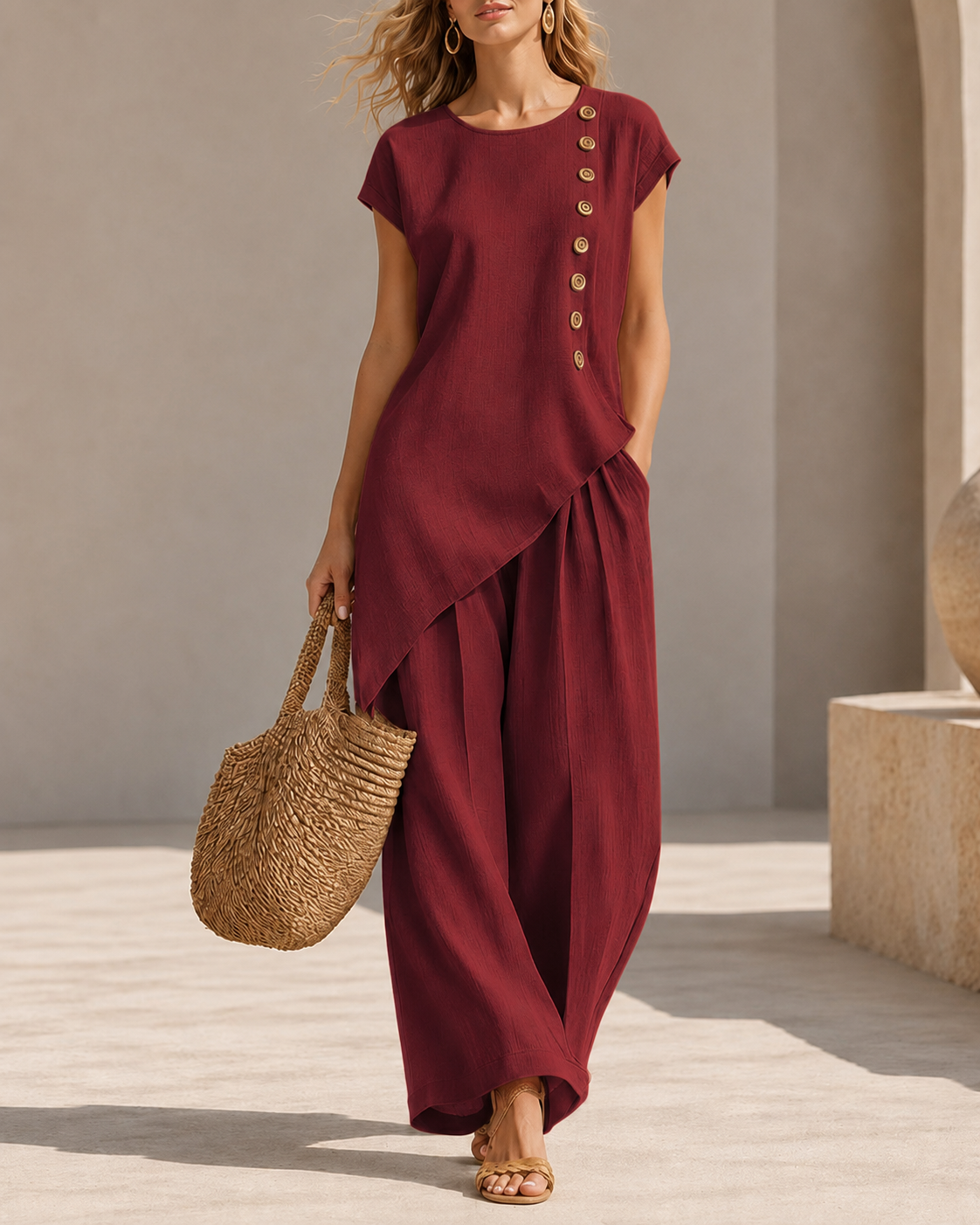 Casual Loose Button-down Short Sleeve Top and Wide-leg Pants Set