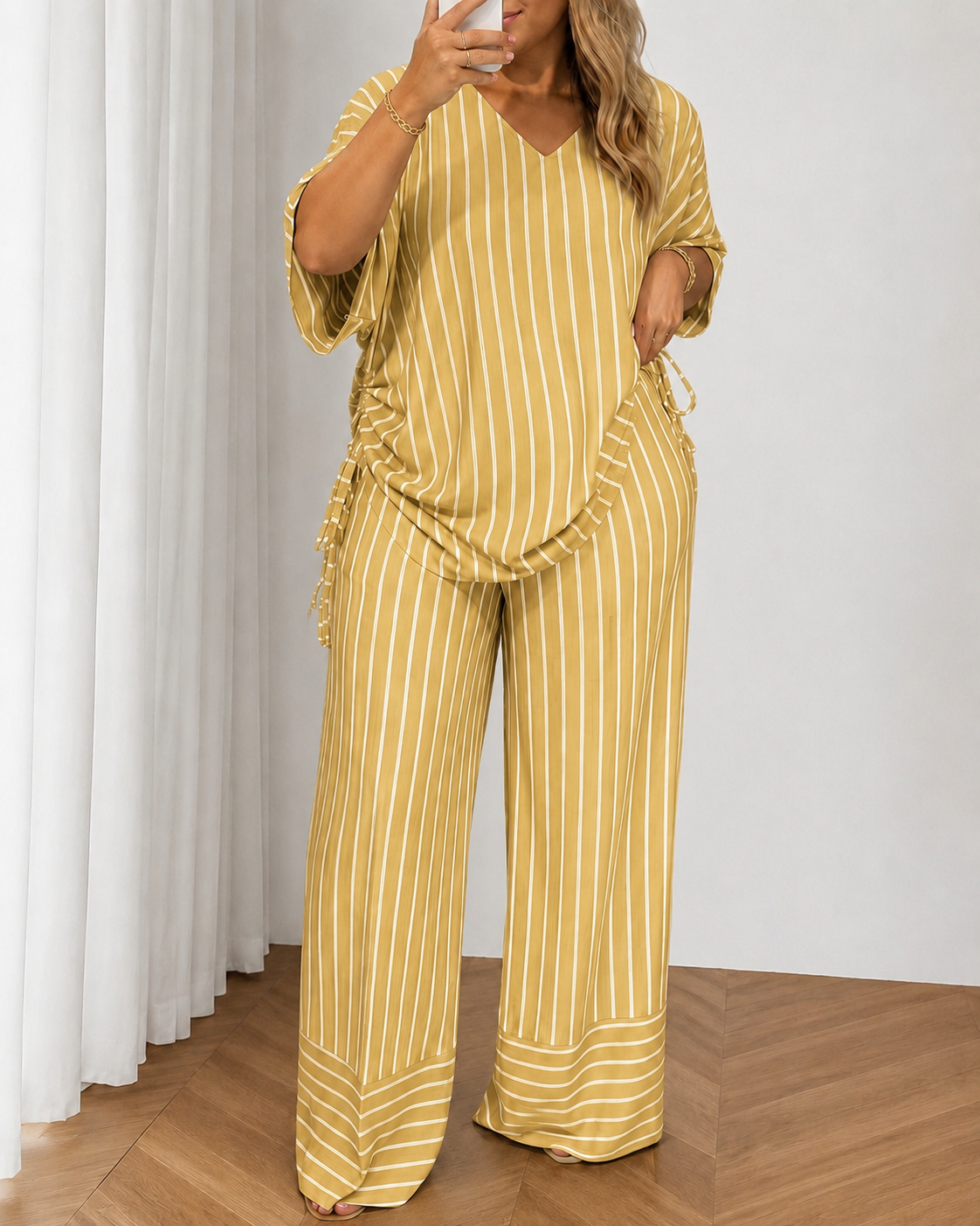 Casual Loose V-Neck Striped Top and Wide-Leg Pants Suit