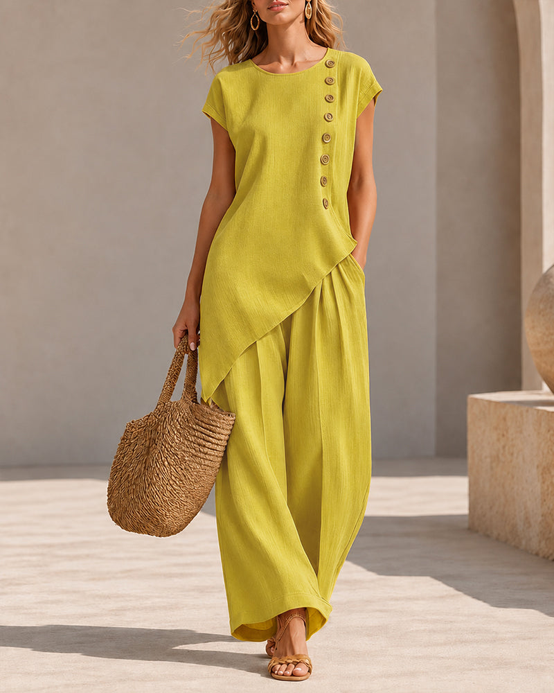Casual Loose Button-down Short Sleeve Top and Wide-leg Pants Set