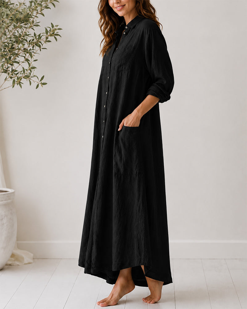 Casual Linen Button-down Long Sleeve Wide-leg Jumpsuit
