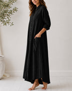 Casual Linen Button-down Long Sleeve Wide-leg Jumpsuit