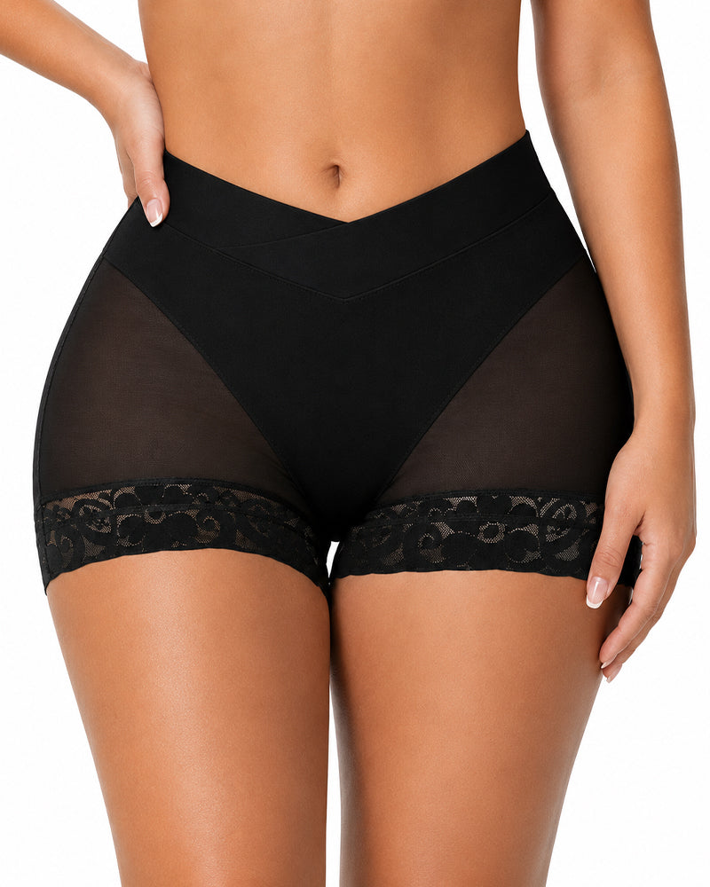 V Crossover Sheer Mesh Elastic Tummy Control Butt Lifting Shaping Panties
