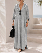Casual Loose Striped Cotton Collared Long Sleeve Button-down Long Dress