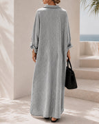 Casual Loose Striped Cotton Collared Long Sleeve Button-down Long Dress