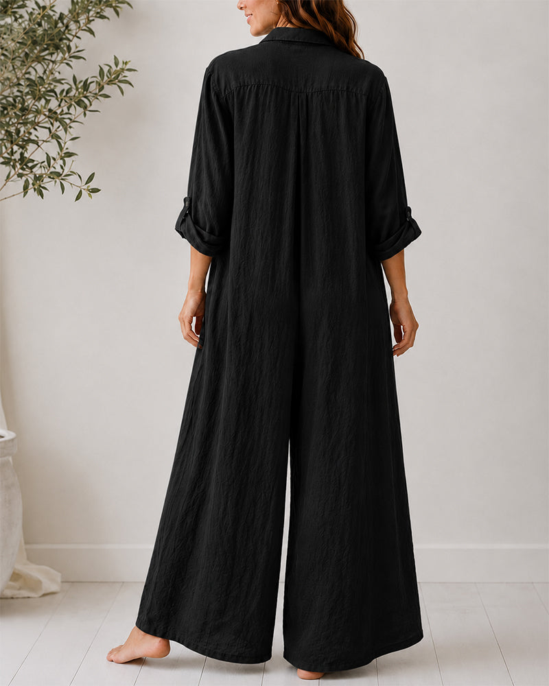 Casual Linen Button-down Long Sleeve Wide-leg Jumpsuit