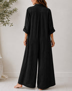 Casual Linen Button-down Long Sleeve Wide-leg Jumpsuit
