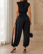 Casual Sleeveless Cinched Waist Side High Slit Overalls