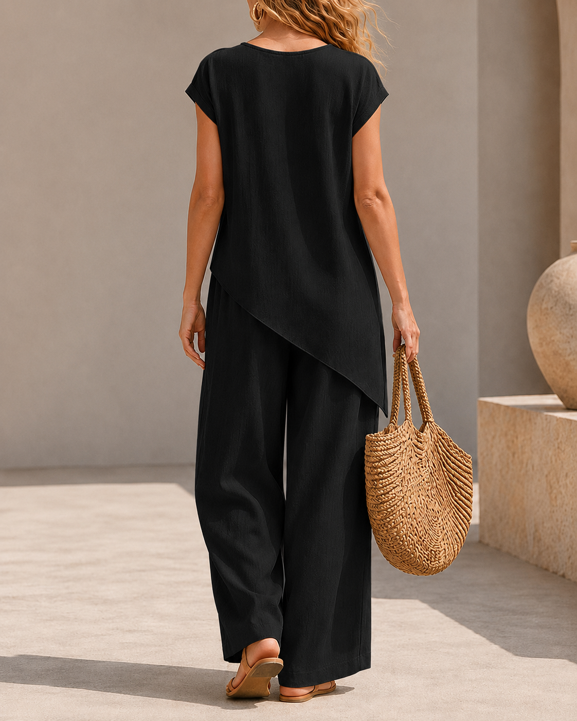 Casual Loose Button-down Short Sleeve Top and Wide-leg Pants Set