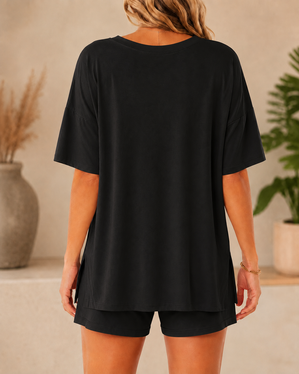 Casual Loose V Neck Slit Hem Short Sleeve Top and Shorts Set