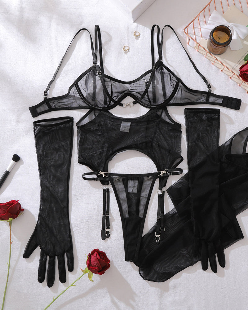 Sexy See-through Mesh with Stockings Shapewear Lingerie Set