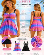 Colorblock Printed V Neck Dress and Shorts Two-piece Swimsuit Set