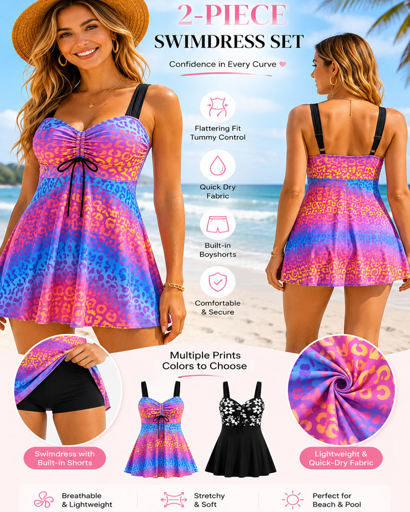 Colorblock Printed V Neck Dress and Shorts Two-piece Swimsuit Set