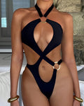Sexy Halter Neck Backless O-ring Cutout One-piece Swimsuit