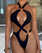 Sexy Halter Neck Backless O-ring Cutout One-piece Swimsuit