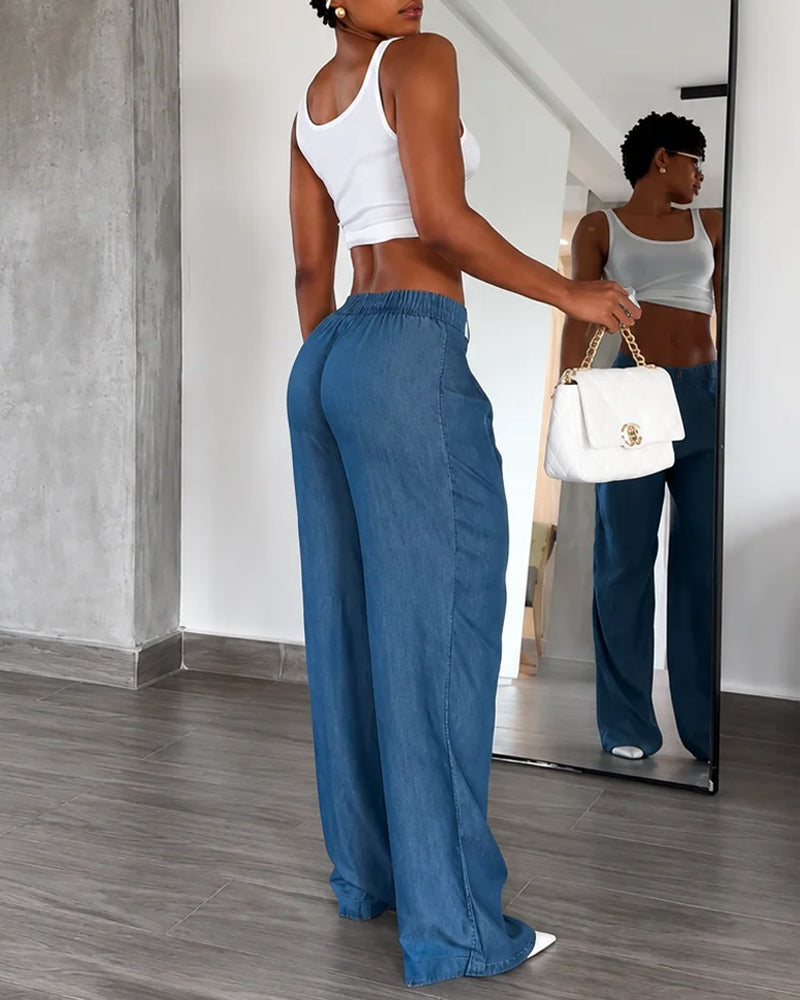 High Waist Pleated Tencel Faux Denim Wide-leg Pants