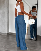 High Waist Pleated Tencel Faux Denim Wide-leg Pants