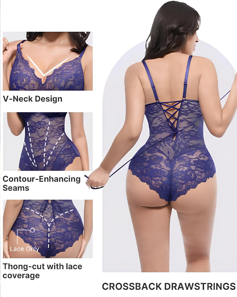 V Neck Lace Seamless Back Drawstring Bodysuit
