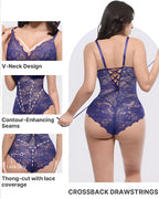 V Neck Lace Seamless Back Drawstring Bodysuit