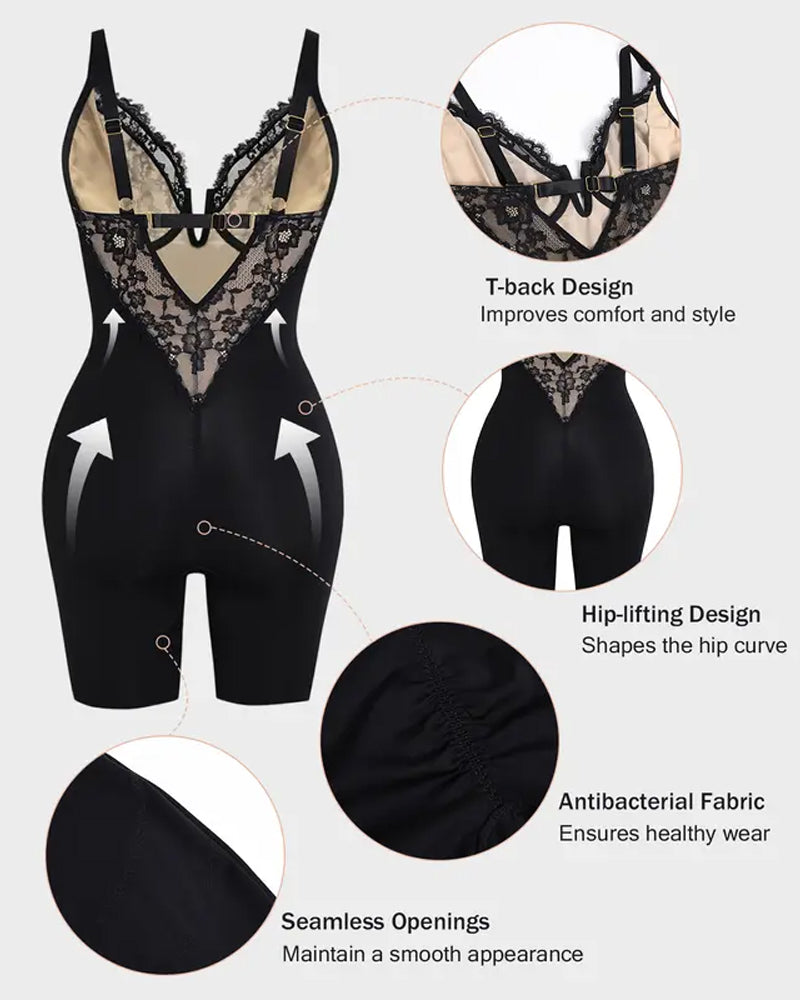 Women's V Neck Lace Stretch Seamless Bodysuit Shapewear