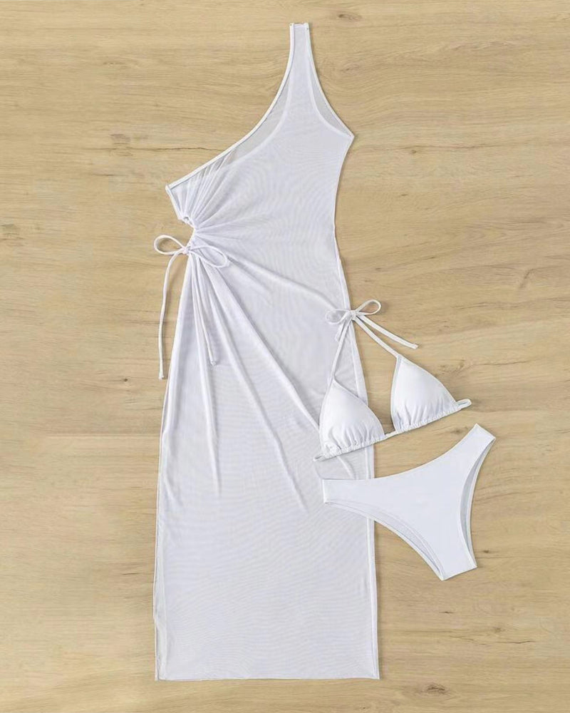 Sexy Solid Color Halter Bikini and One-shoulder Long Cover-up Set
