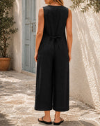 Casual Cotton Linen Deep V Button Sleeveless Wide-leg Jumpsuit