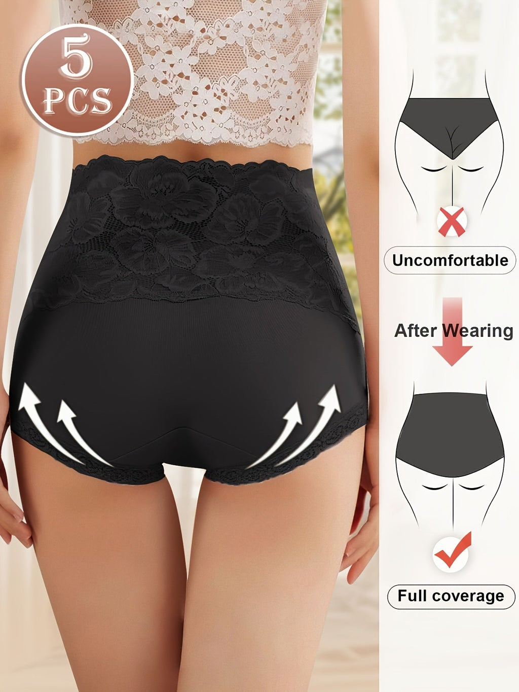 Women's High-waisted Tummy-controlling Lace Cotton Comfortable Breathable Panties