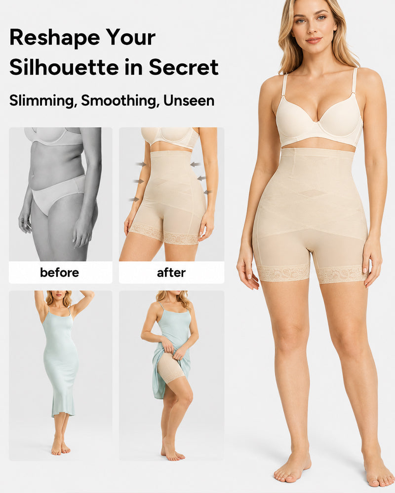 High Waist Tummy Control Sheer Mesh LaceTrim Shaping Shorts