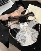 Leopard Print Lace Patchwork Mesh See-through Cutout Bell Bow Decoration Panties