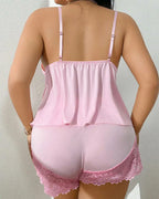 Plus Size Lace Satin V-Neck Camisole and Shorts Pajama Set