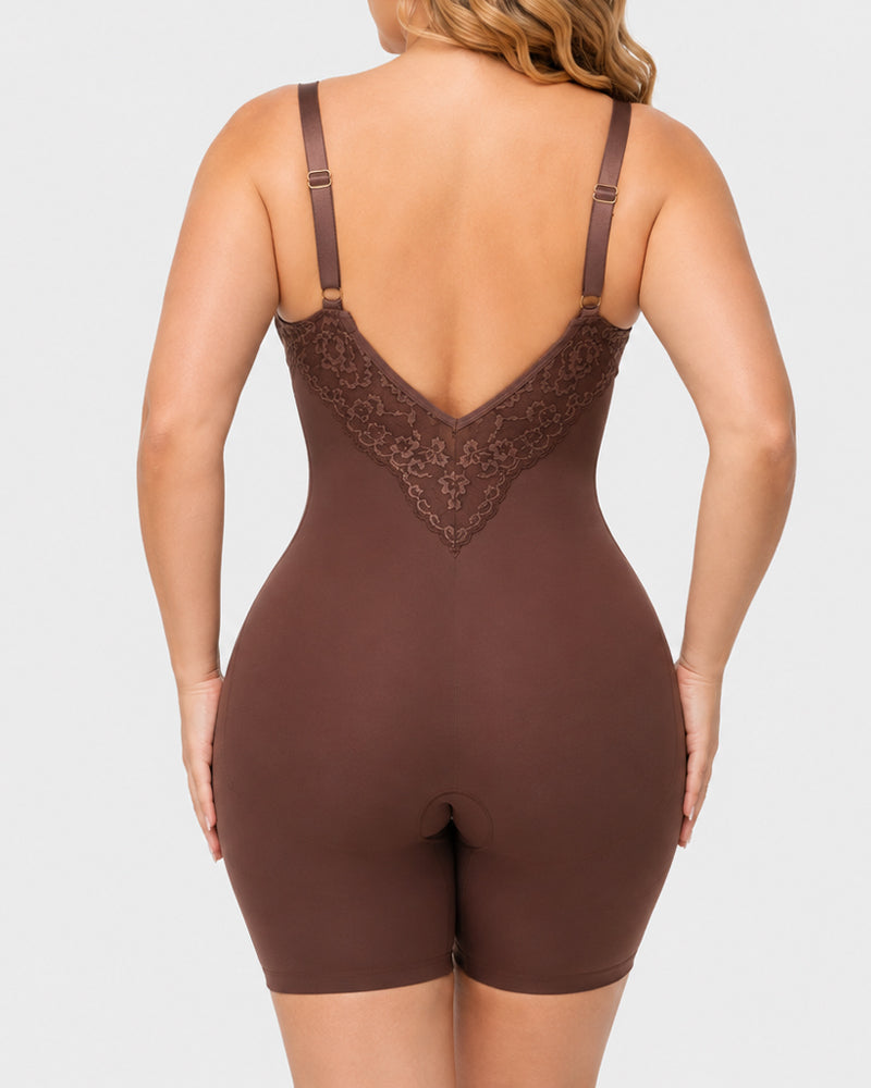 Women's V Neck Lace Stretch Seamless Bodysuit Shapewear