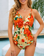 Deep V Floral Print One-Piece Swimsuit and Long Skirt Set