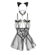 Sexy Lace-up Sheer Mesh Bell-adorned Open-crotch See-through Catgirl-style Chemise Nightgown