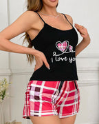 Casual Plaid Colorblock Print Camisole and Shorts Loungewear Set