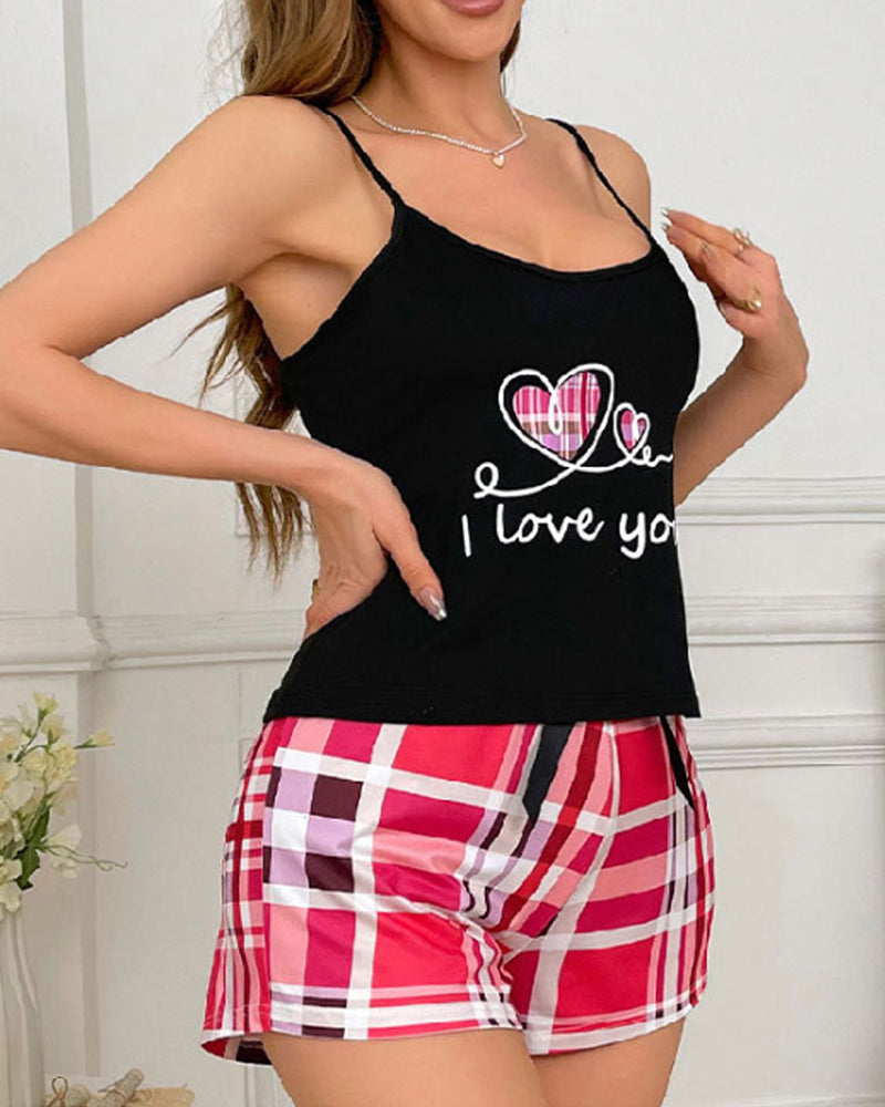 Casual Plaid Colorblock Print Camisole and Shorts Loungewear Set